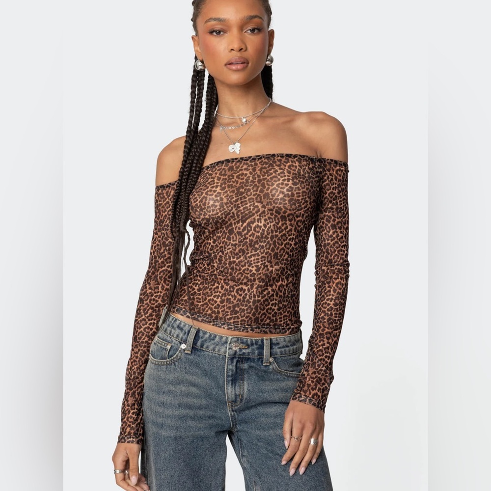 Edikted Sheer Leopard Print Off-Shoulder Top